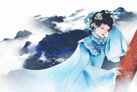 中国古风美女国风水彩月历2月河山插画GIF高清图片
