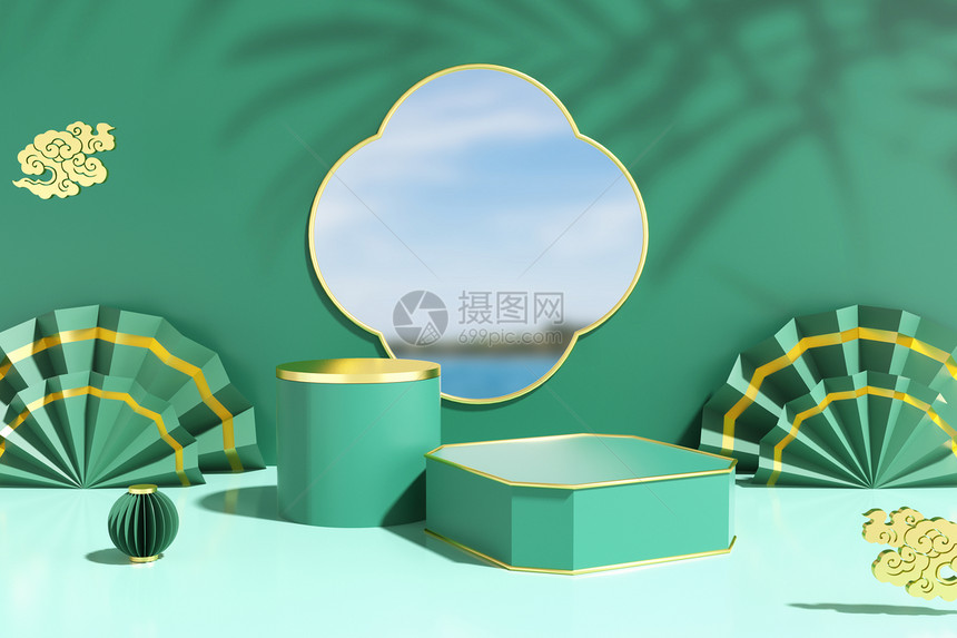 新中式绿色电商展台背景图片