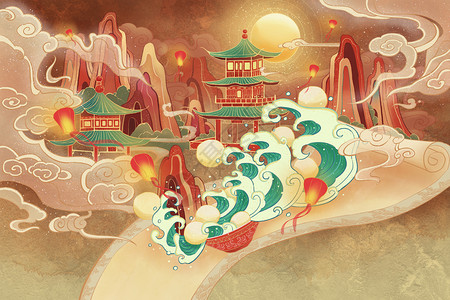 卷轴手绘图正月十五元宵节主题中国风插画插画