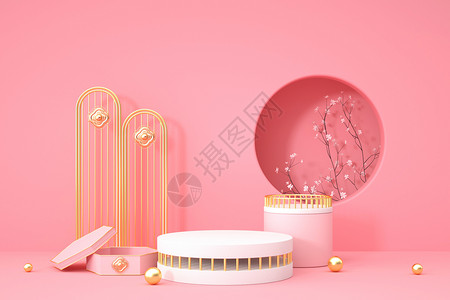 中式插画海报粉色春花电商展台设计图片