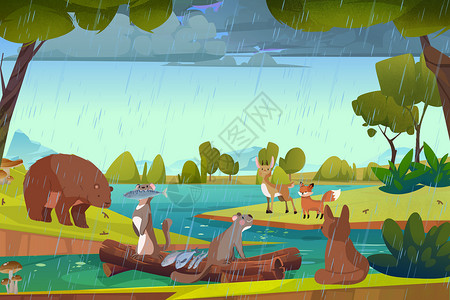 二十四节气之雨水节气水獭祭鱼森林中动物出没卡通插画图片