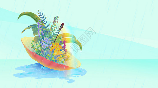 雨水节气唯美氛围花丛彩虹插画高清图片