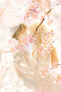 樱花和蝴蝶樱花情侣唯美结婚照插画插画