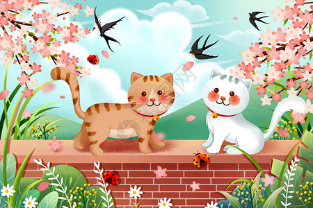 春天可爱萌宠猫咪蹲墙头看樱花插画高清图片