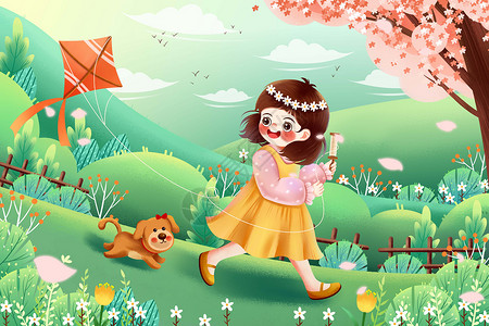 小清新绿色惊蛰节气女生和小狗放风筝插画高清图片