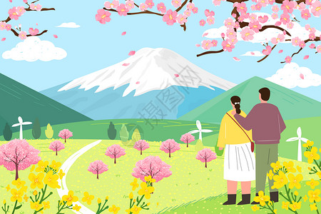 日本神社富士山旅游看樱花扁平插画插画