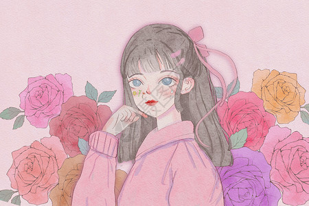 女生节玫瑰粉红插画背景图片