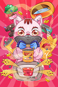 宠物用品背景红色卡通可爱萌宠小猫抱着罐头插画插画