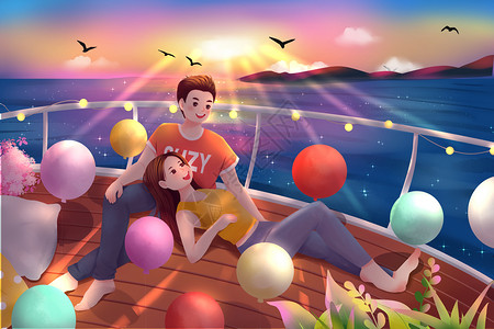 海边甲板坐在海边浪漫情侣晚霞唯美插画插画