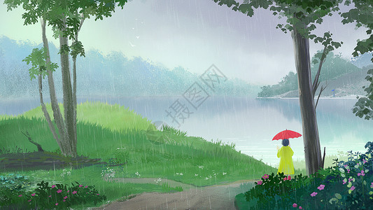 美丽的雨季风景插画背景图片