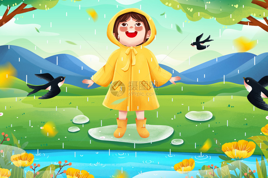 清新二十四节气雨水雨中雨衣女孩春季郊游插画图片