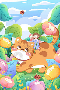 宠物壁纸花丛里的女孩与猫清新卡通插画插画