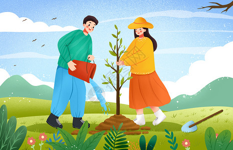 绿色春天在种树的男生和女生插画植树节高清图片素材
