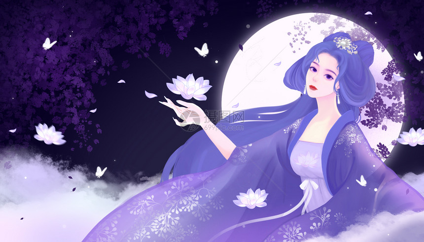 紫色月下紫衣女神插画图片