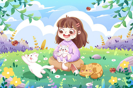 春天女孩与猫咪春游卡通插画背景图片
