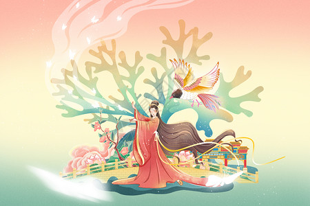 女神节花古风美女起舞女神节中国风创意插画插画