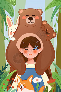 三七女生节熊抱女孩扁平卡通插画插画