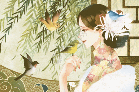 穿旗袍逗鸟的女子复古中国风横板插画GIF图片