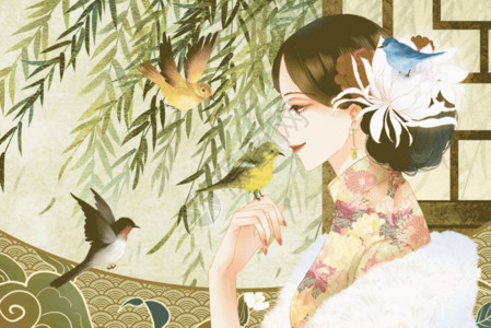 开拍板穿旗袍逗鸟的女子复古中国风横板插画GIF高清图片