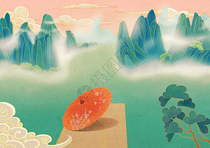 红色龙凤油纸伞绿色国潮山水背景插画插画