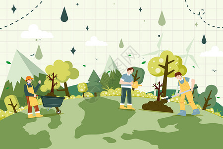 绿色扁平植树节在草地上种树矢量插画高清图片