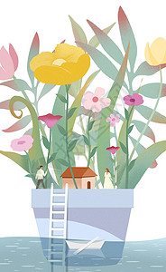 春天花卉创意盆栽小场景插画背景图片
