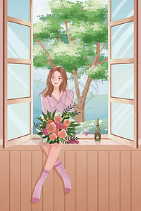 小清新38女神节坐在窗台手捧鲜花的女神插画插画