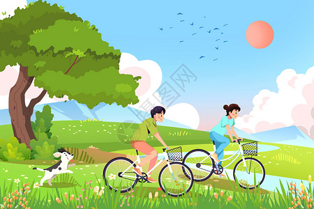 二十四节气之春分情侣春日骑车踏青游玩图片