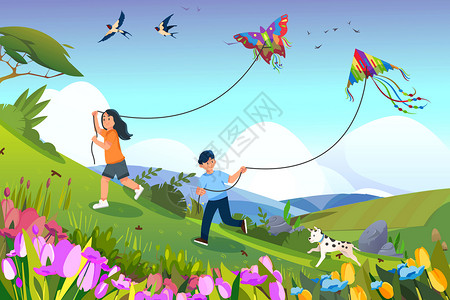 二十四节气之春分外出踏青游玩赏花情侣放风筝图片