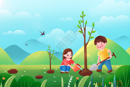 保护环境孩子春天植树节保护环境插画背景插画