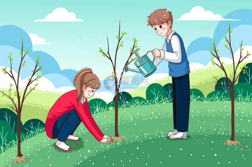 和同学一起种树给小树浇水卡通插画图片