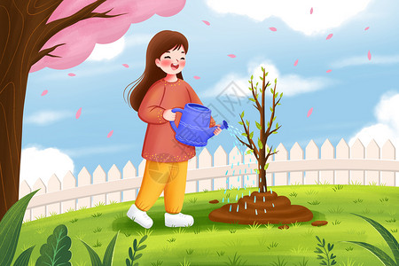 给植物浇水女孩给树苗浇水的女孩卡通插画插画