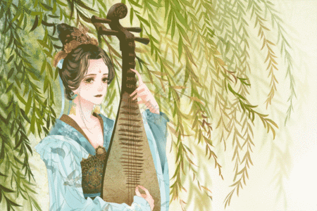 弹琵琶的古代女子古风插画GIF图片