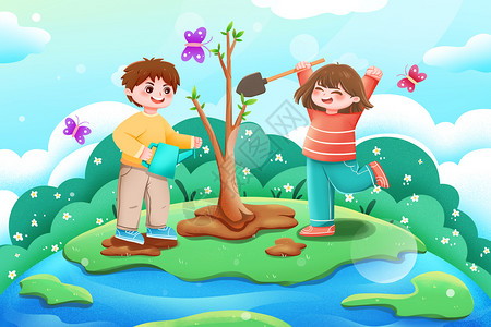 扁平风儿童风植绿色清新树节横版插画背景图片