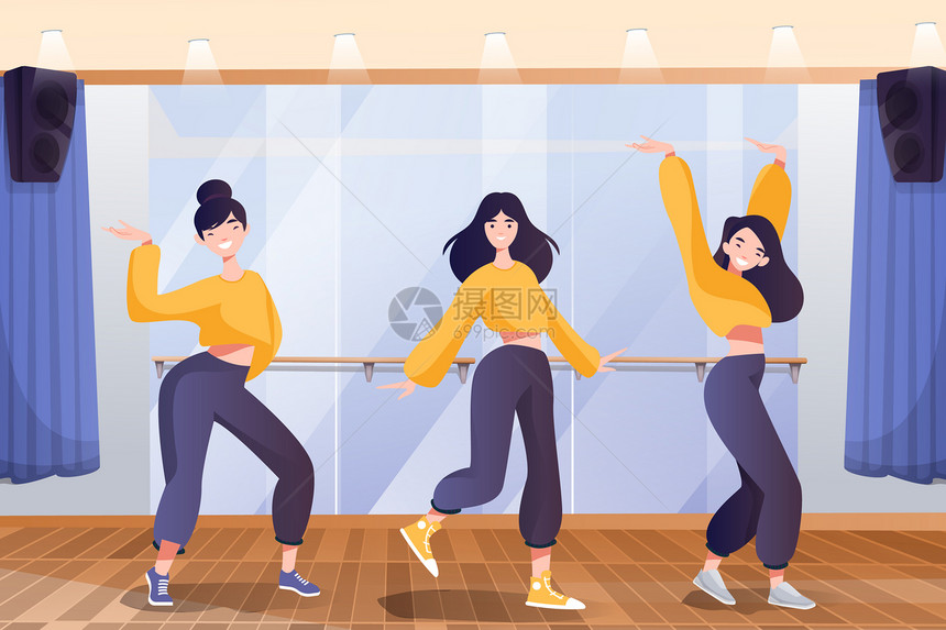 健身减肥女孩在舞蹈教室跳健身舞图片
