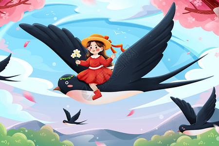 清新二十四节气春分燕子与女孩插画图片