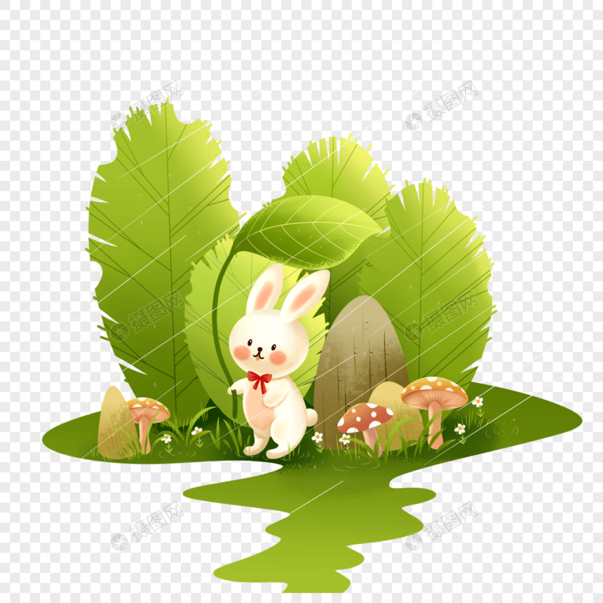 春天春雨小兔子躲雨插画元素图片