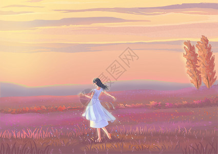 粉蓝色黄昏时原野草地上跳舞转圈的少女插画