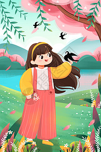 清明节小女孩与燕子互动竖版插画背景图片