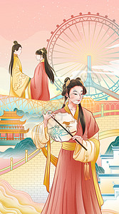 古装古典美女宣传海报设计国风美女汉服文化国潮竖图插画插画