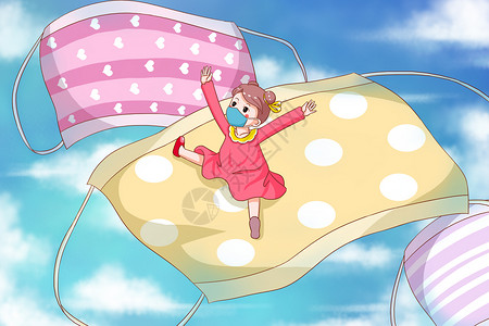 坐在口罩上在天空中飞翔的小女孩背景图片