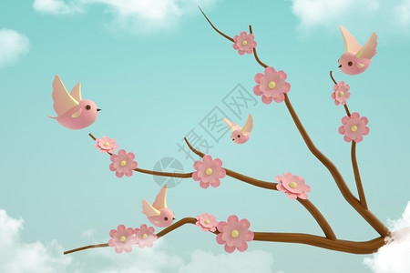 樱花枝上的小鸟春天花鸟立体背景设计图片