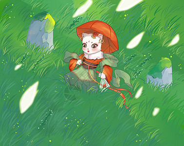 草原上的打伞的猫咪小姐背景图片