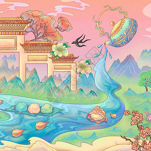 唯美茶壶河流创意风景插画高清图片