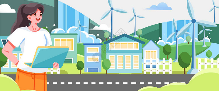 绿色水素材新能源绿色城市插画banner插画