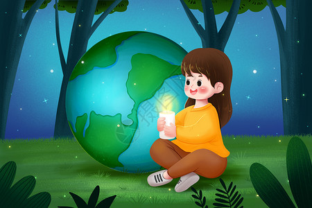 手蜡烛坐在地球边点着蜡烛的女孩插画插画