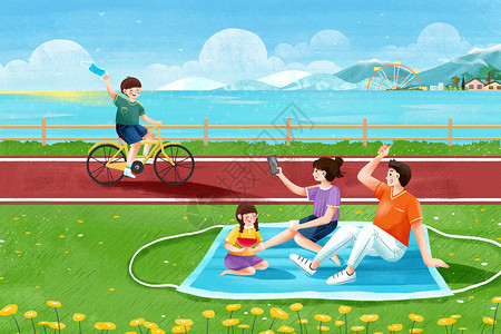 妈妈骑自行车疫情退散开心去郊游插画插画