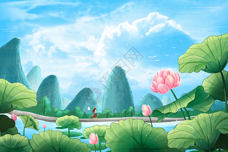 小清新画风立夏小清新夏季风景插画