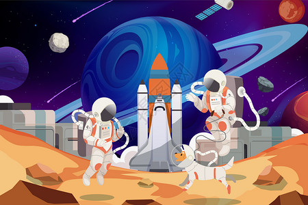 世界航天日宇航员乘火箭登陆火星基地高清图片