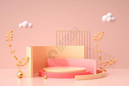 插画床清新植物粉色展台设计图片